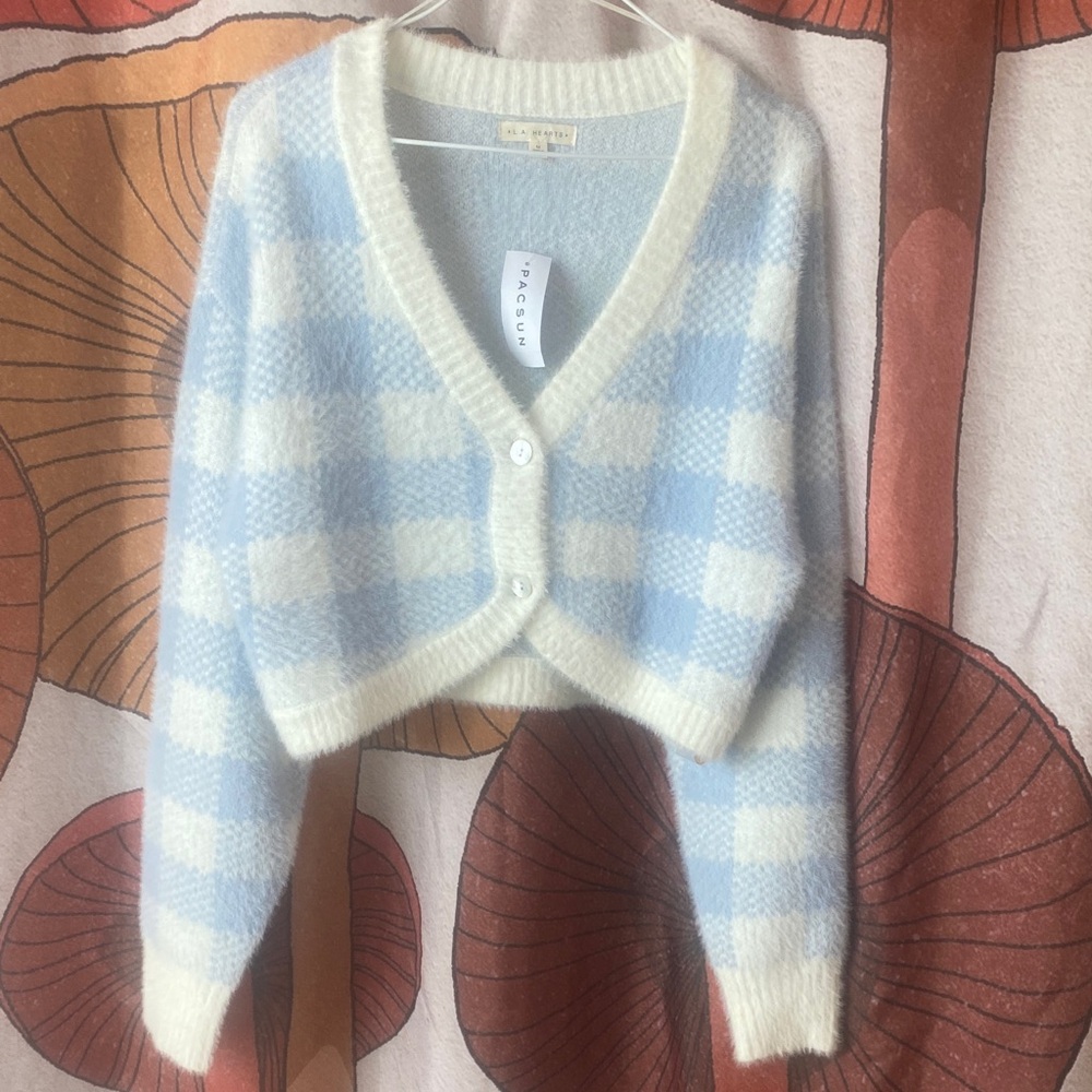 NWT PacSun LA HEARTS Cropped V-Neck Check Fuzzy Cardigan